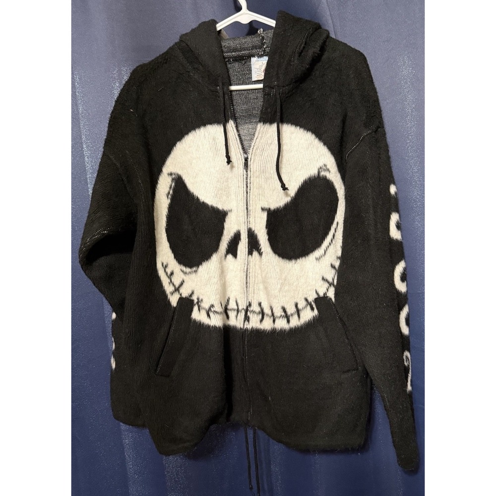 VINTAGE Artesanias Tuntaquimb Jack Skellington L Wool Zip Hoodie Sweater Ecuador